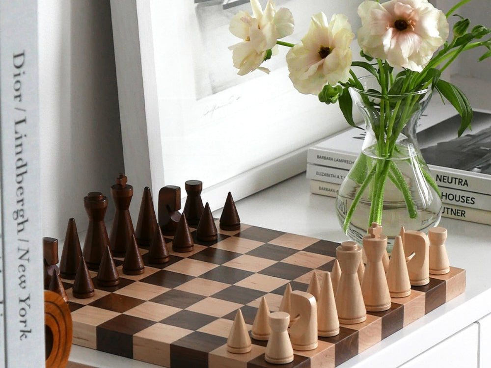 Printworks The Minimalist wooden chess set with premium wood pieces and elegant book-style storage box