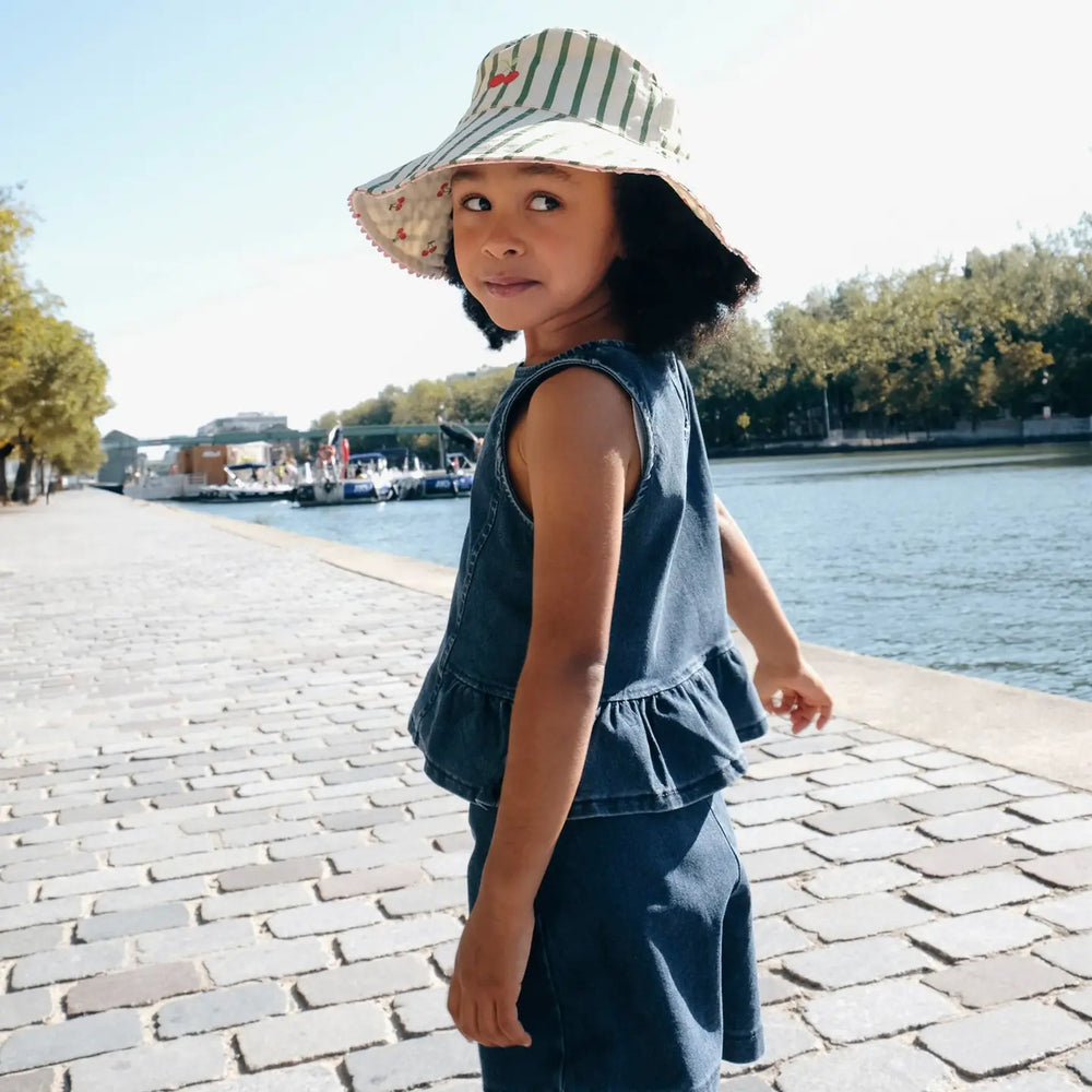 Rockahula Cherry Kiss stripy reversible sun hat for kids with frill trim on girl