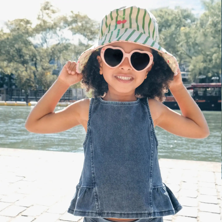 Rockahula Cherry Kiss stripy reversible sun hat for kids with frill trim