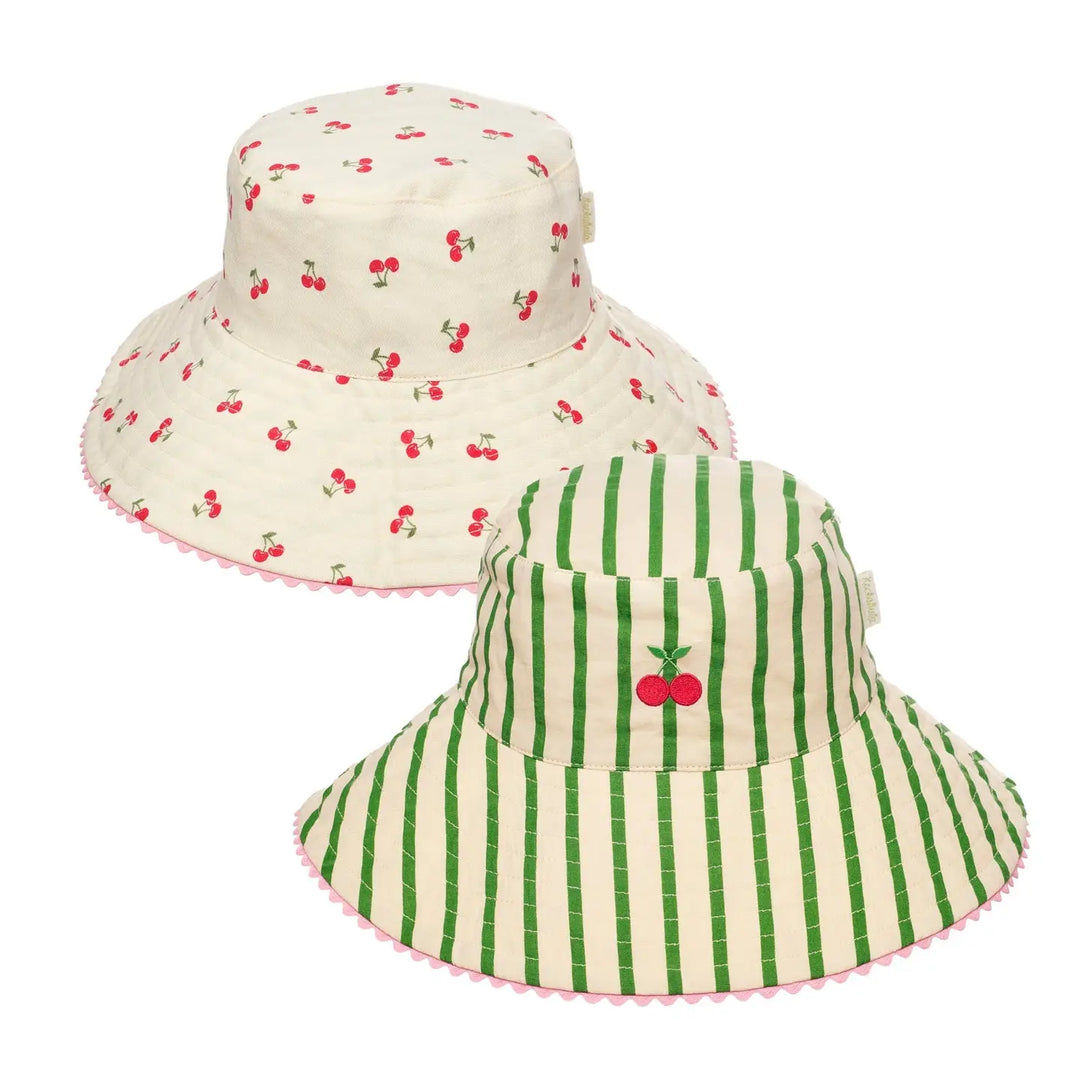 Rockahula Cherry Kiss stripy reversible sun hat for kids with frill trim