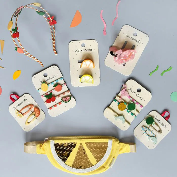 Rockahula citrus slices kids hair clips 2-pack with bright lemon and orange motifs