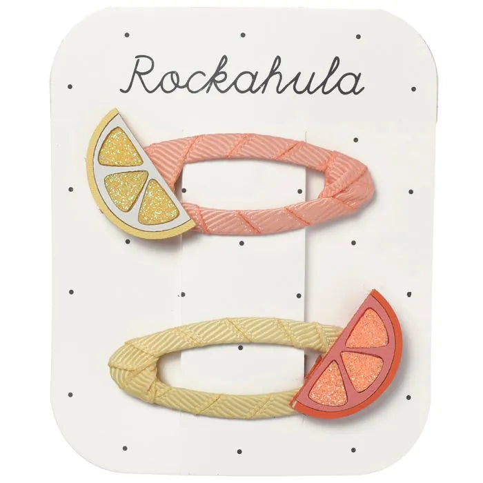 Rockahula citrus slices kids hair clips 2-pack with bright lemon and orange motifs