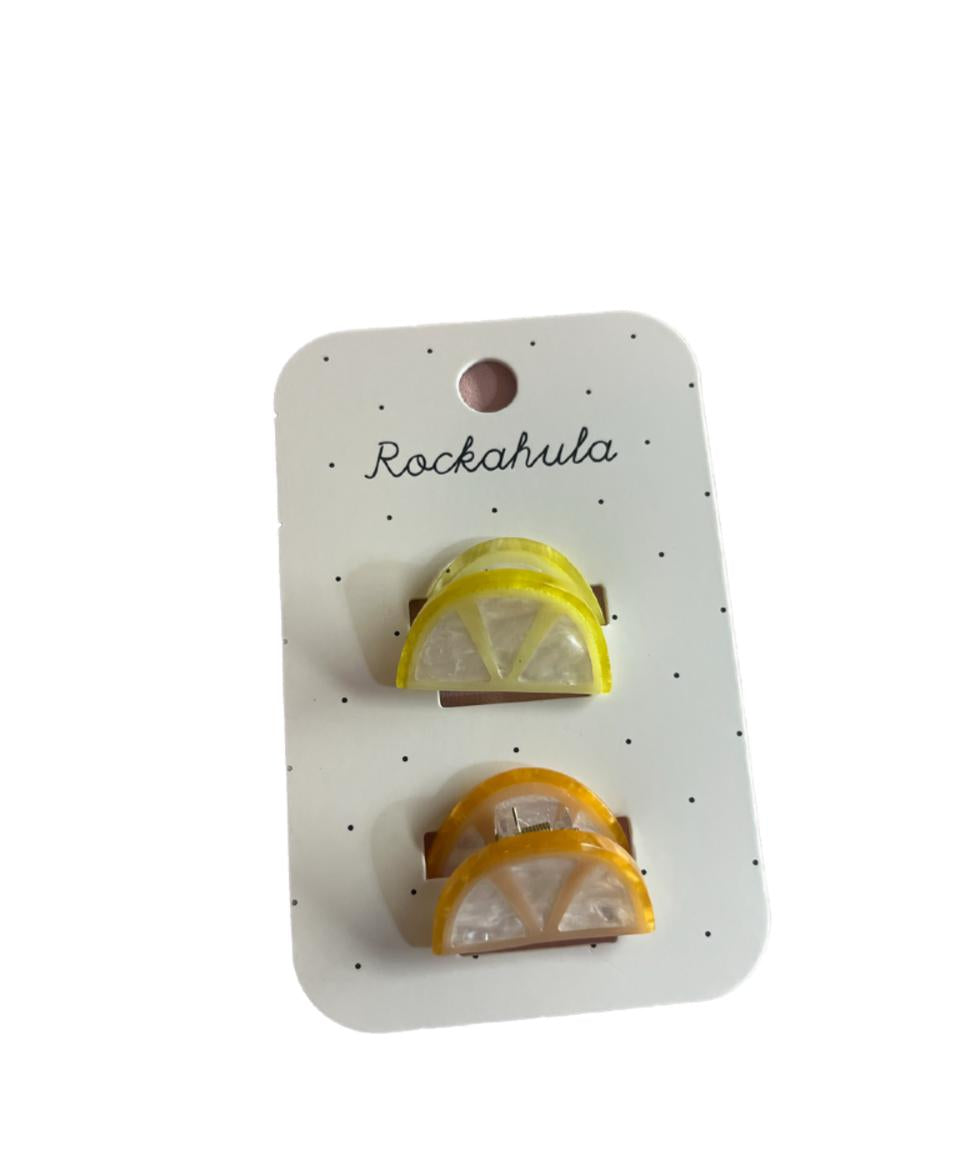 Citrus slice hair claw clips for kids featuring lemon and orange designs