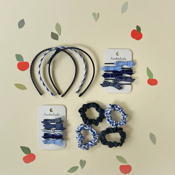 School Check & Satin Scrunchie Set - Blue مستلزمات