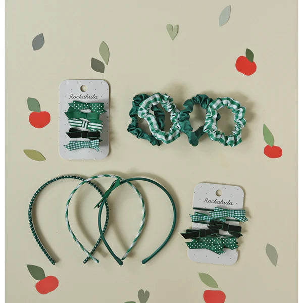 School Check & Satin Scrunchie Set - Green مستلزمات