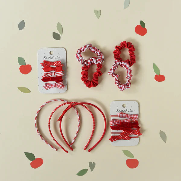 School Check & Satin Scrunchie Set - Red مستلزمات
