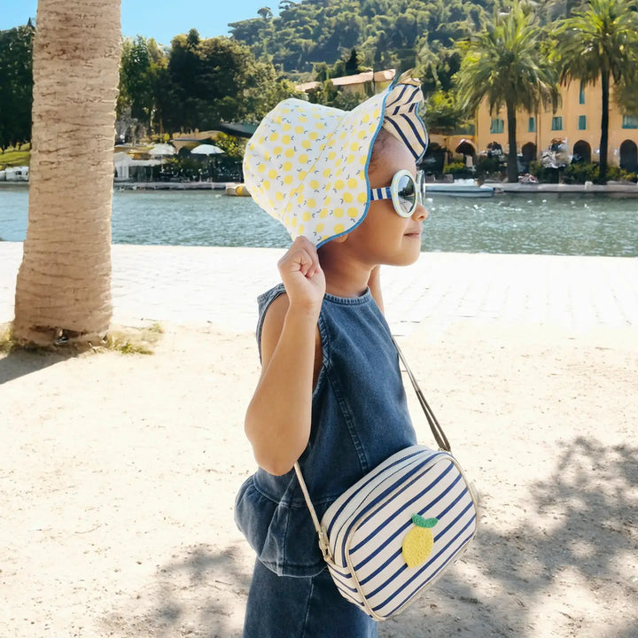 Rockahula Lemon Drop stripy reversible sun hat for kids with lemon print and striped pattern 