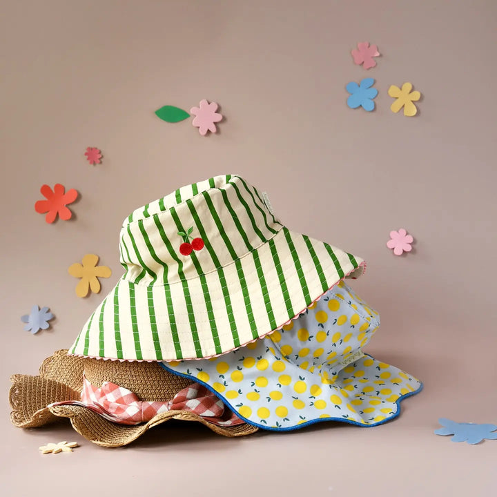 Rockahula Lemon Drop stripy reversible sun hat for kids with lemon print and striped pattern