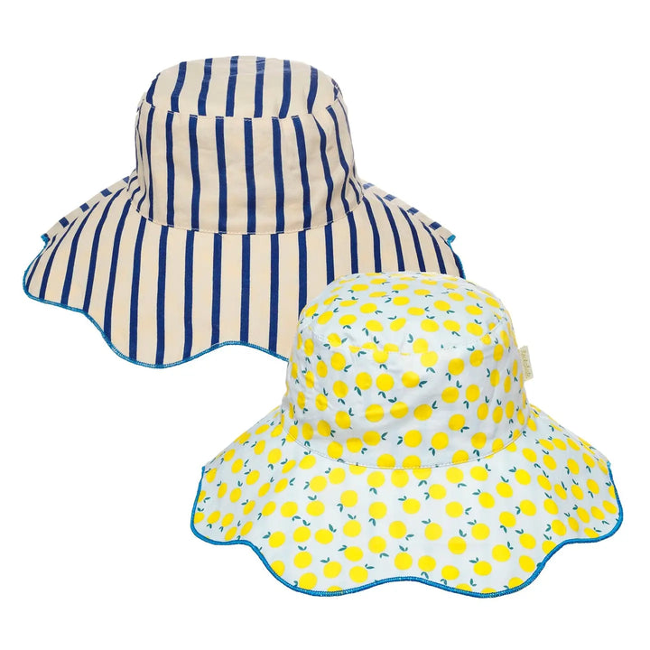 Rockahula Lemon Drop stripy reversible sun hat for kids with lemon print and striped pattern