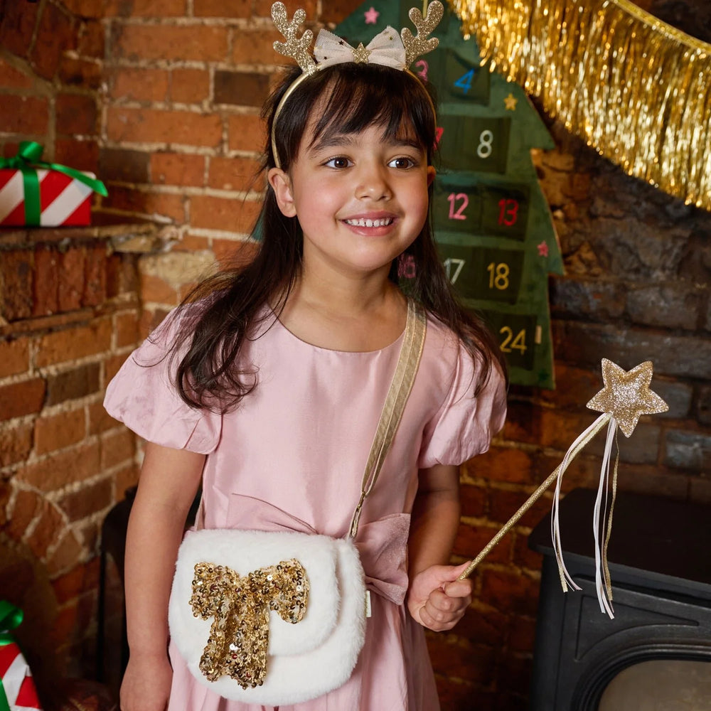Rockahula Kids Magical Golden Star Wand with gold glitter and pink, gold and cream ribbons