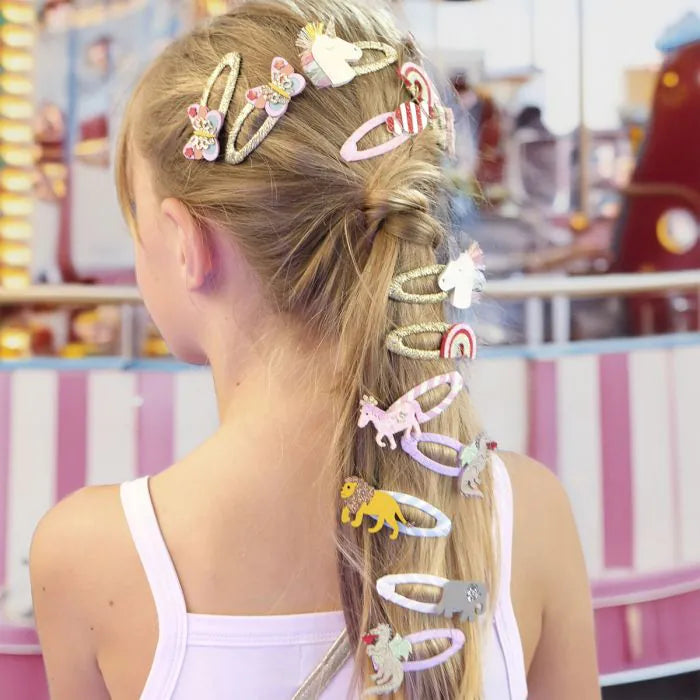 Rockahula pink pony kids hair clips 2 pack with playful pony design on girl