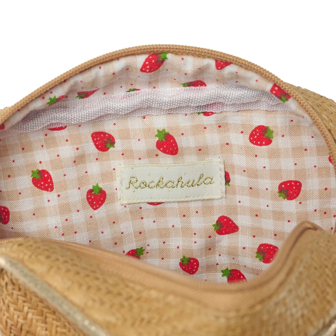 Rockahula Strawberry Fields raffia kids bag with embroidered strawberries and daisies