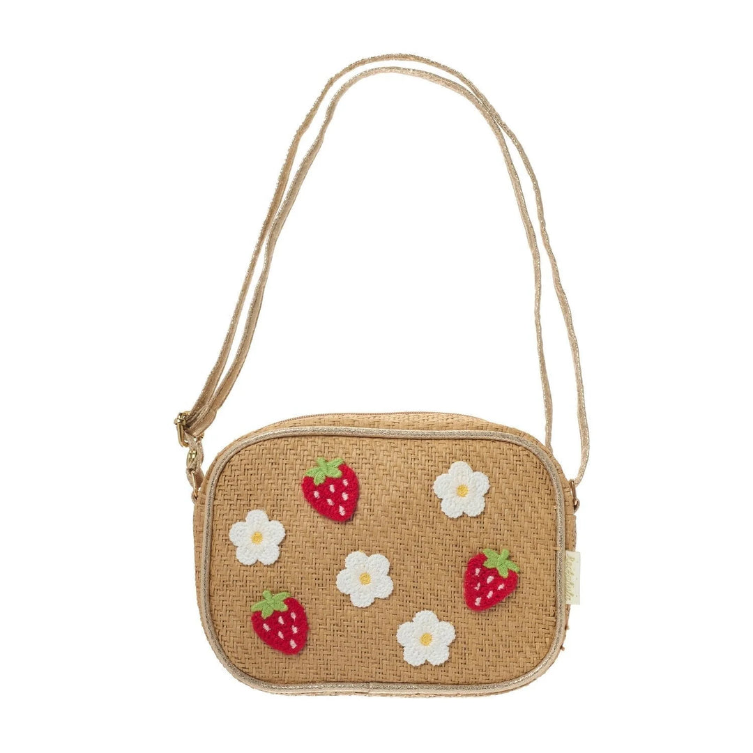 Rockahula Strawberry Fields raffia kids bag with embroidered strawberries and daisies