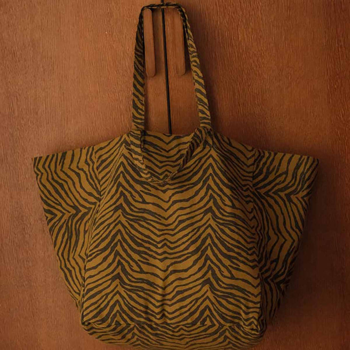 Elisa large cotton tote bag with striped and leopard patterns, oversized canvas shopping and beach bag
