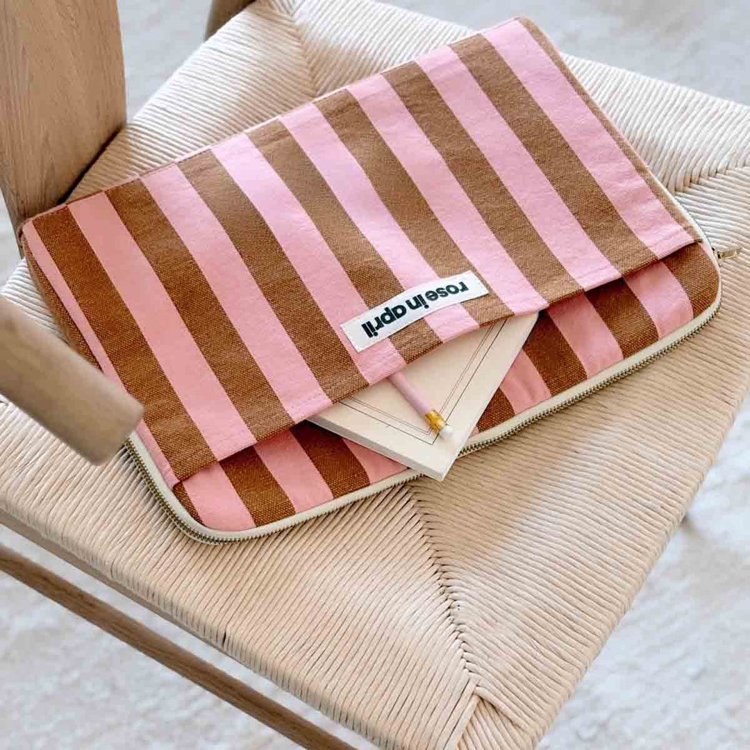 Octave 13–14 inch laptop sleeve in pink and cream stripes with cotton canvas, padded protection and front pocket
