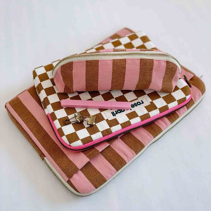 Octave 13–14 inch laptop sleeve in pink and cream stripes with cotton canvas, padded protection and front pocket
