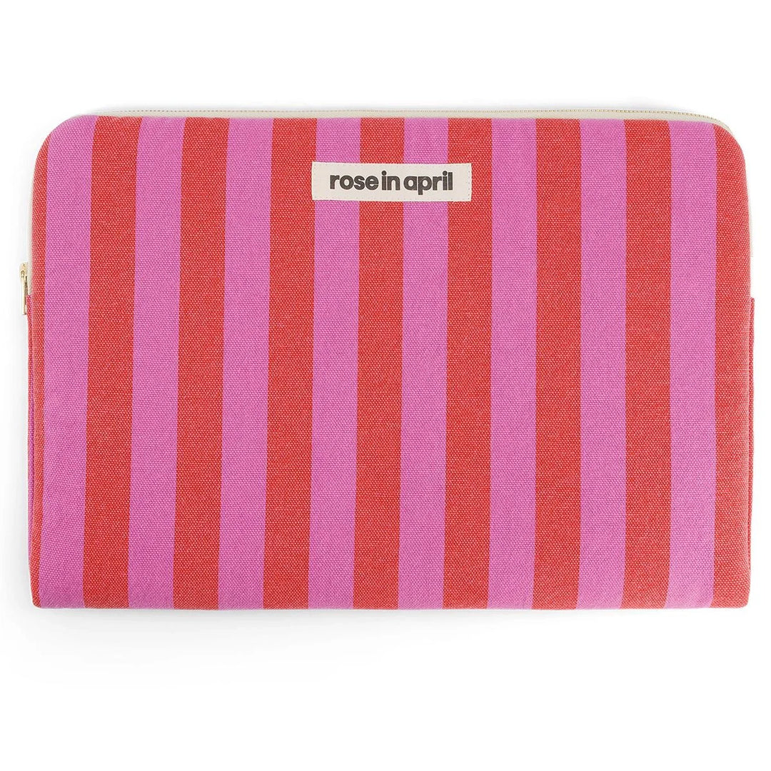     Rose in April Nayla laptop sleeve in pink and red striped cotton canvas.