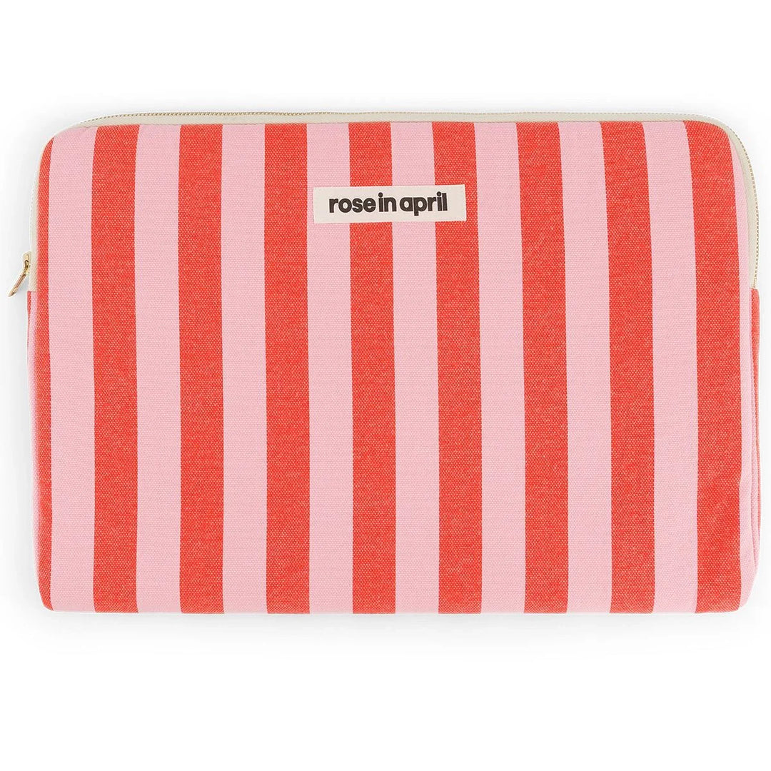     Rose in April Nayla laptop sleeve in pink and red striped cotton canvas.