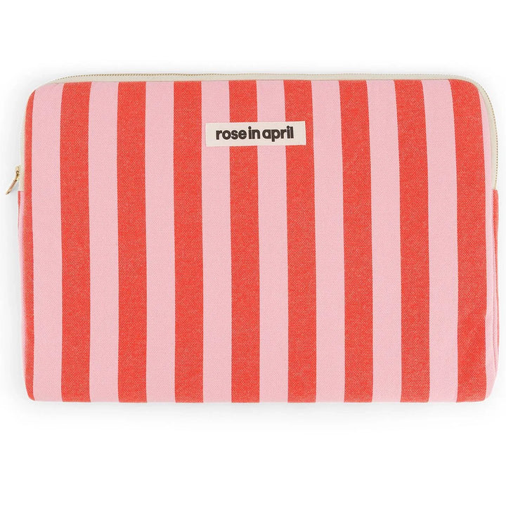     Rose in April Nayla laptop sleeve in pink and red striped cotton canvas.