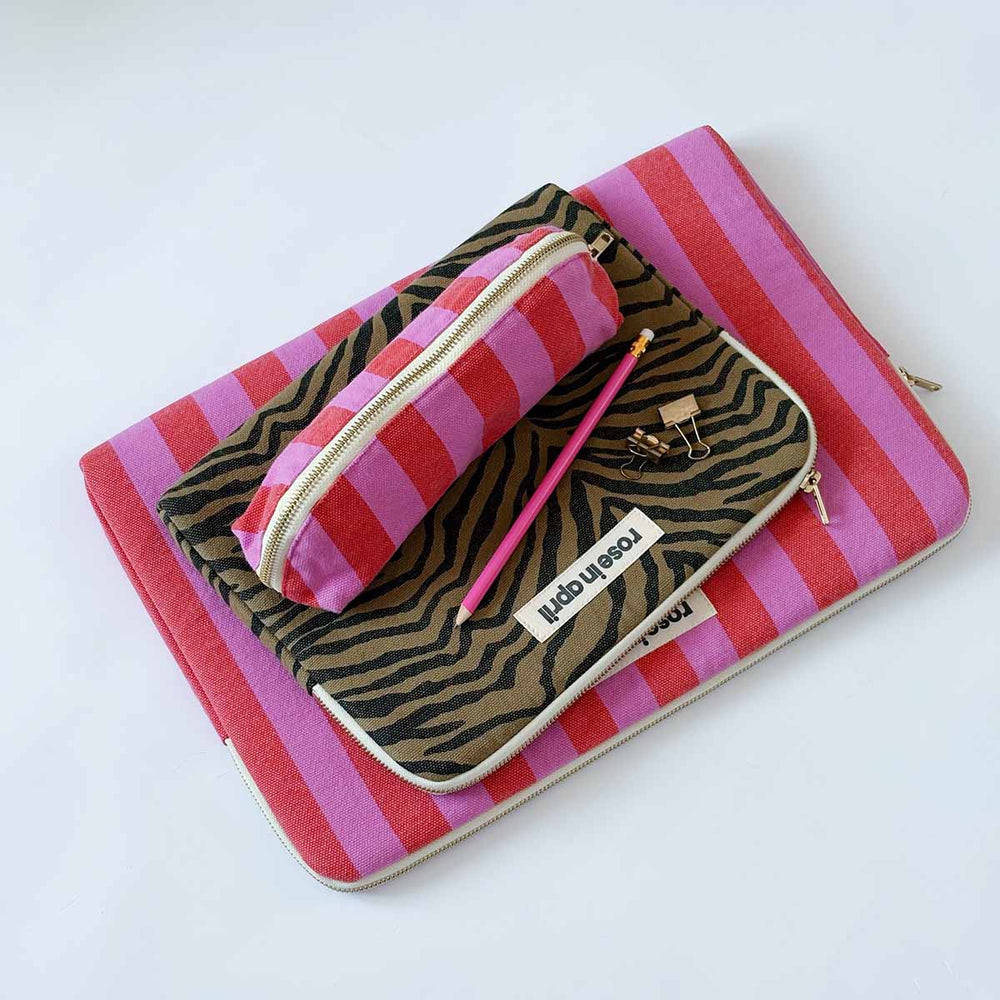     Rose in April Nayla laptop sleeve in pink and red striped cotton canvas.