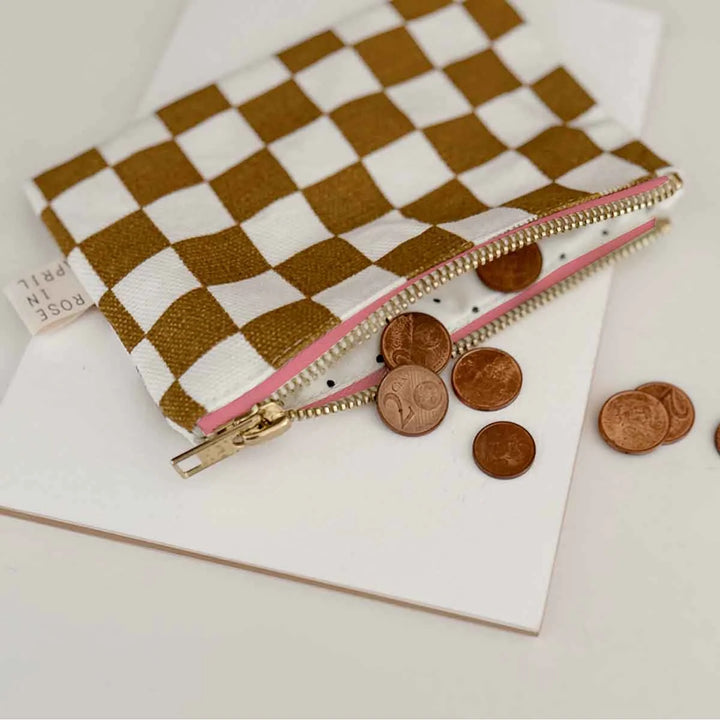 Marie cotton coin purse with pink and red striped pattern, small zip wallet made from cotton canvas
