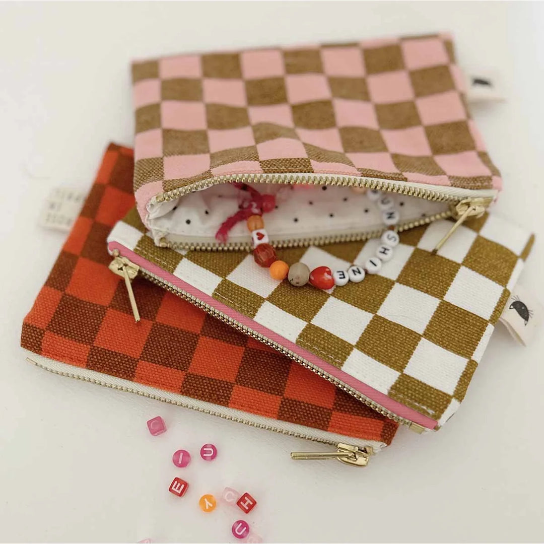 Marie cotton coin purse with pink and red striped pattern, small zip wallet made from cotton canvas
