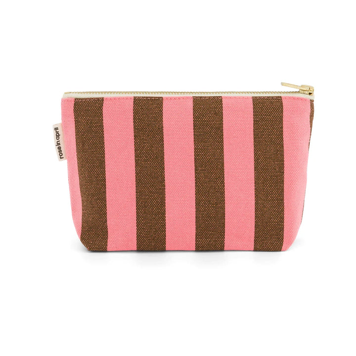 Sofia cotton pouch with pink and cream striped pattern, small zip cosmetic bag made from cotton canvas
