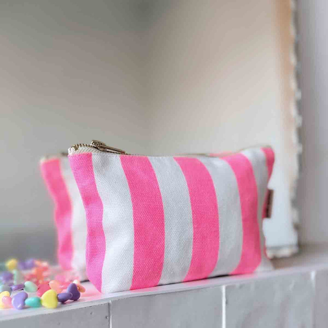 Sofia cotton pouch with pink and cream striped pattern, small zip cosmetic bag made from cotton canvas
