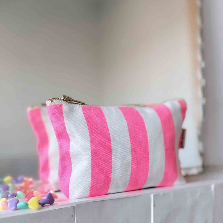 Sofia cotton pouch with pink and cream striped pattern, small zip cosmetic bag made from cotton canvas
