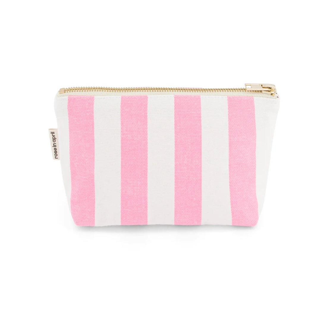 Sofia cotton pouch with pink and cream striped pattern, small zip cosmetic bag made from cotton canvas
