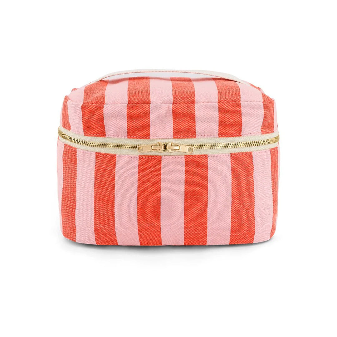 Rose in April Suki Vanity striped cosmetic case in pink and coral with zip closure.