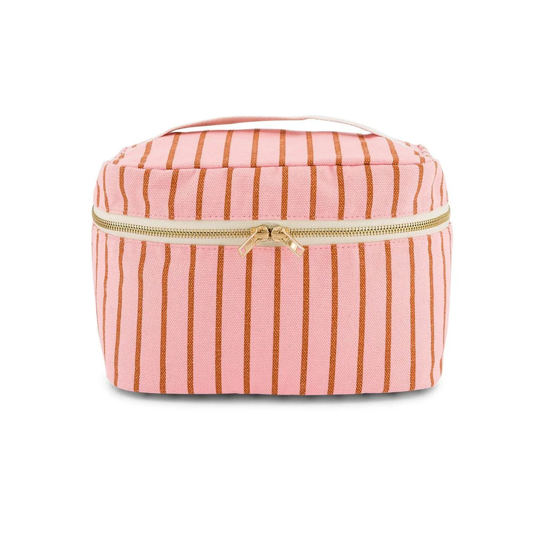 Rose in April Suki Vanity striped cosmetic case in pink and coral with zip closure.