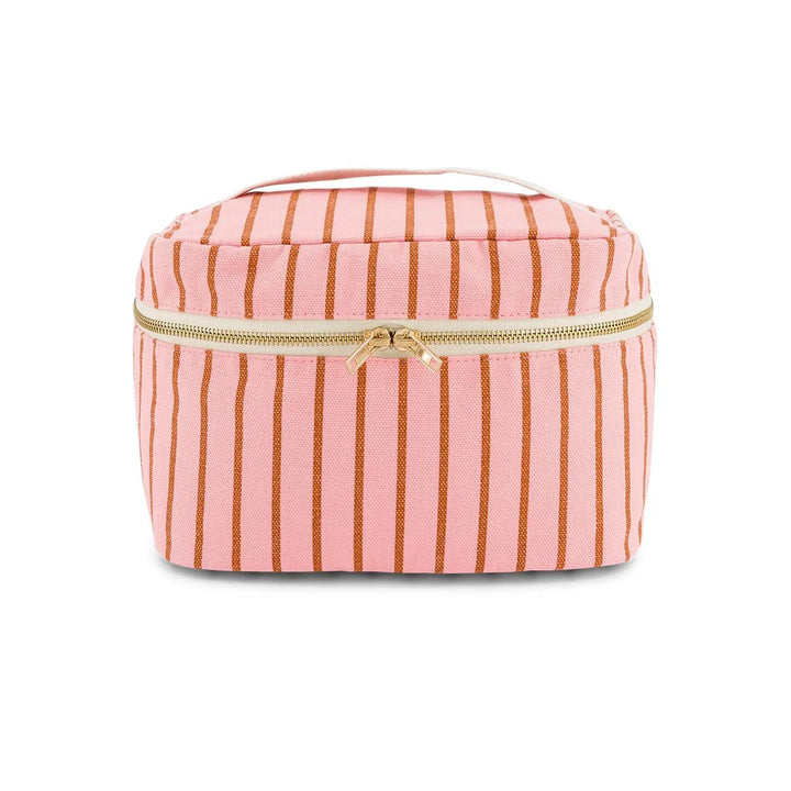 Rose in April Suki Vanity striped cosmetic case in pink and coral with zip closure.