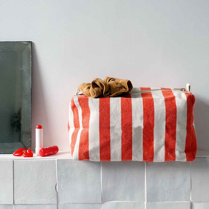 striped terry cotton wash bag with zip closure and toiletry pouch