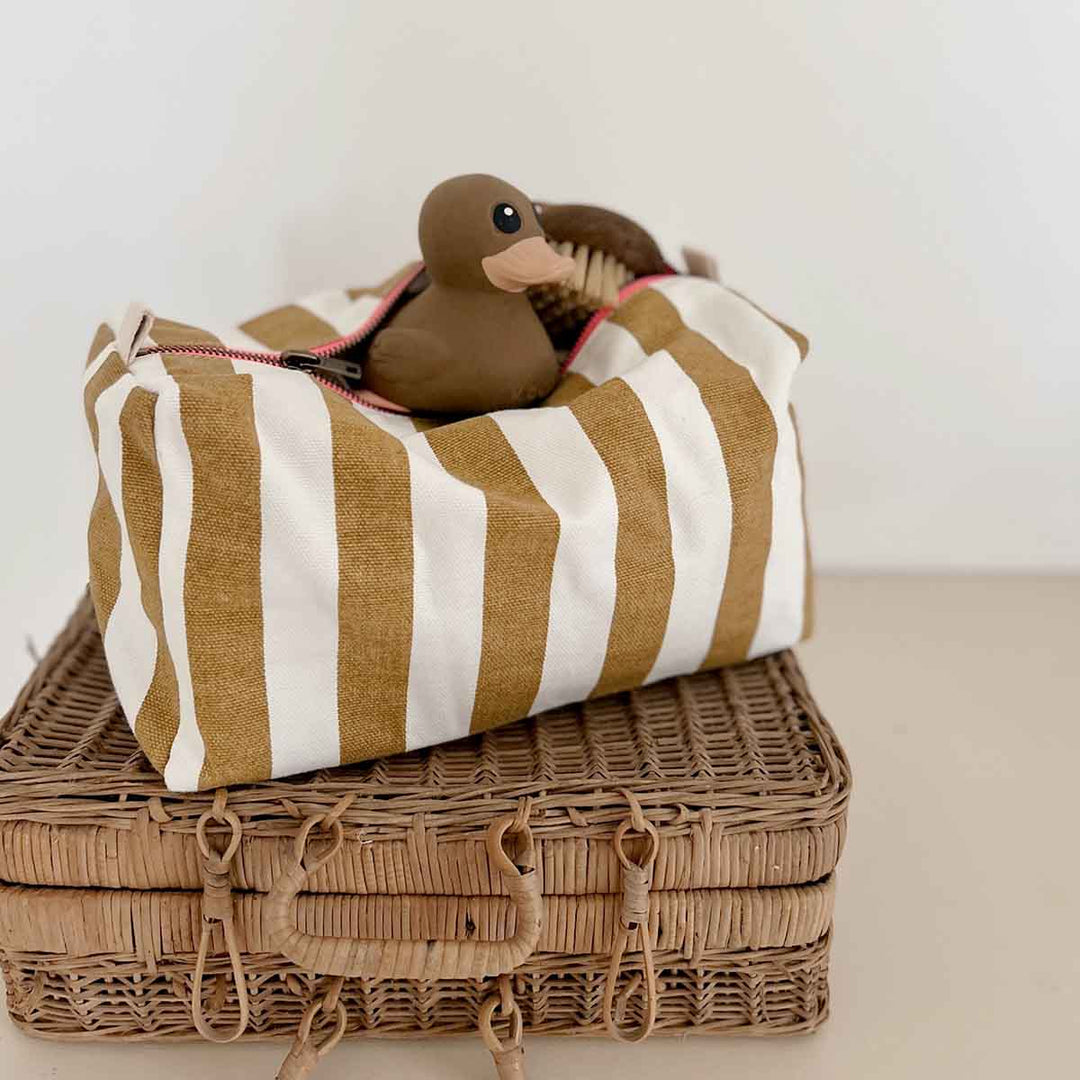 striped terry cotton wash bag with zip closure and toiletry pouch