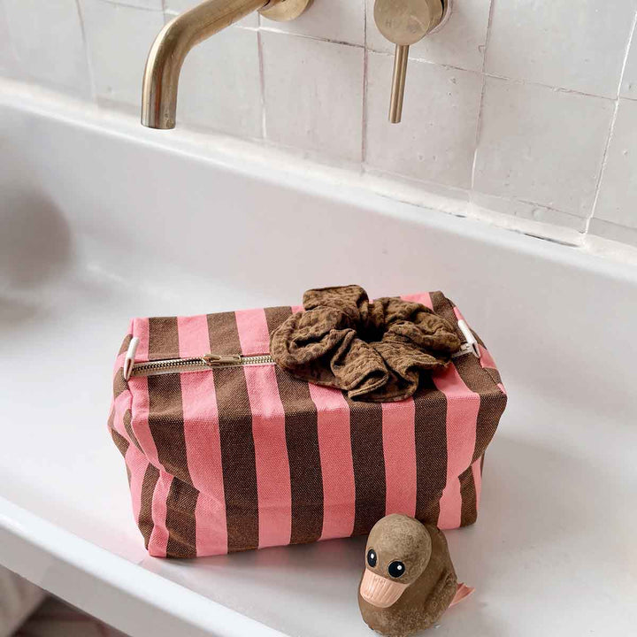 striped terry cotton wash bag with zip closure and toiletry pouch