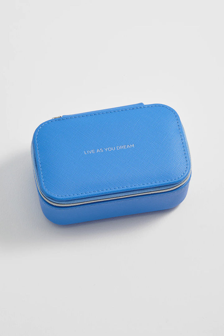 Estella Bartlett blue mini jewellery box in vegan leather with zip closure