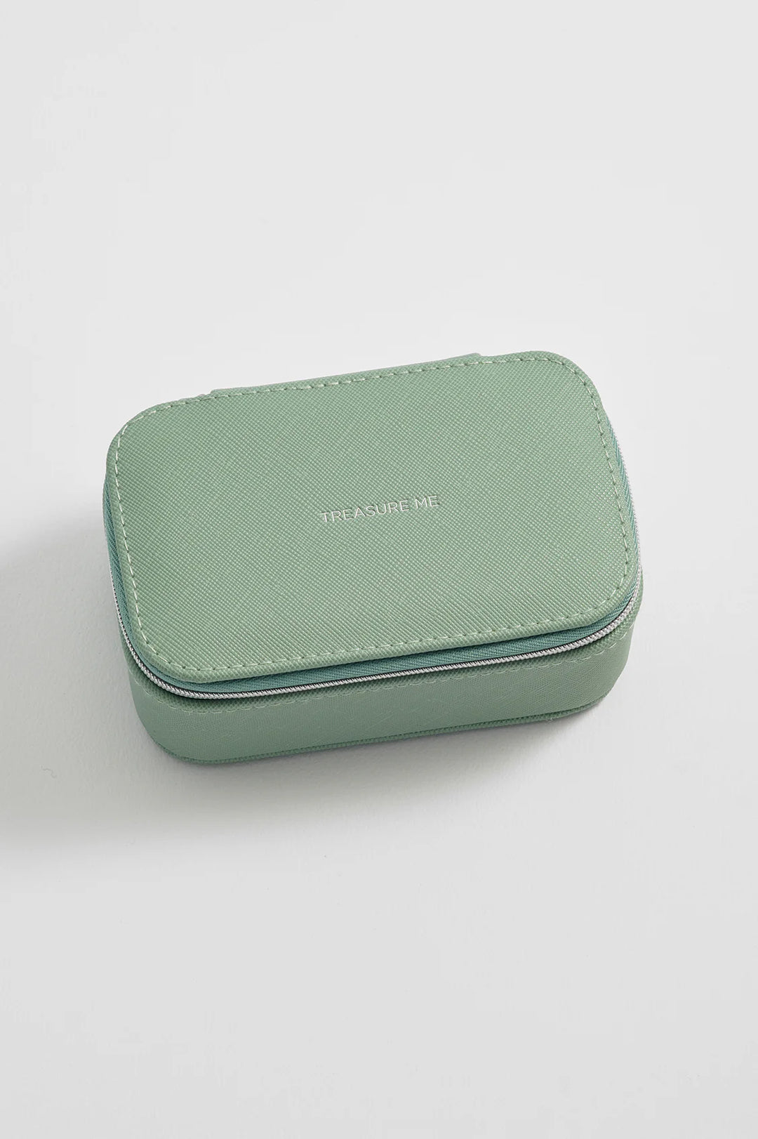 Estella Bartlett green mini jewellery box in vegan leather with zip closure