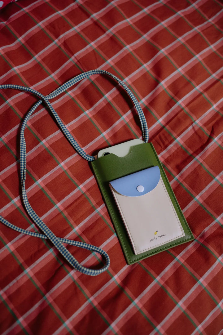 Sticky Lemon kids phone pouch with long striped cotton strap