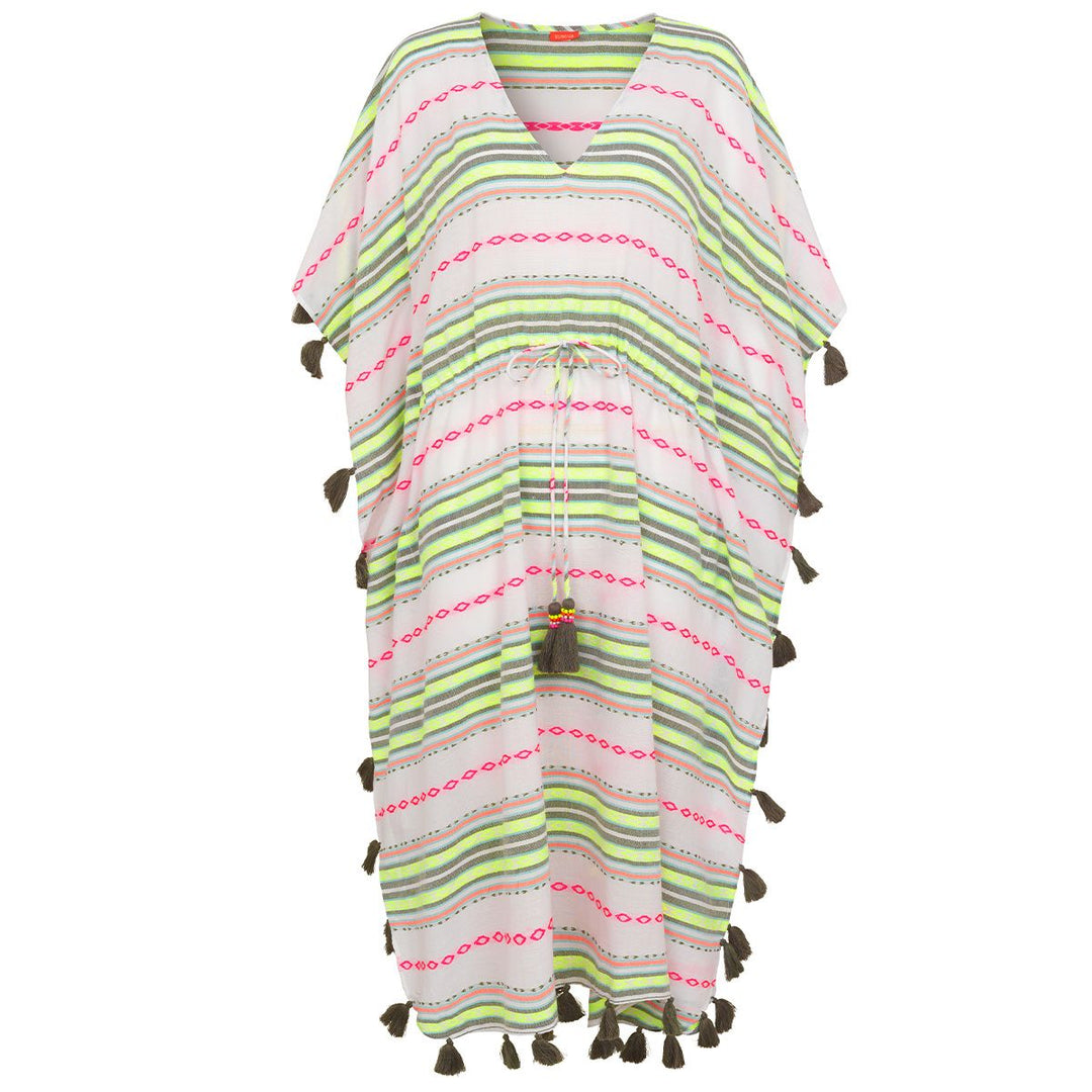 Women Kaftan Tribal Multi Stripe Tassle - فستان