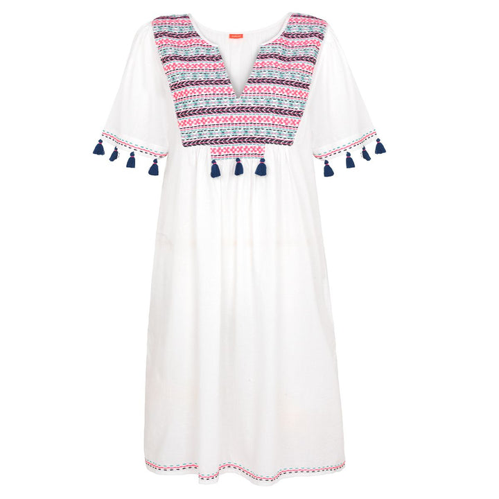 Women Dress White Embroidered Boho - فستان
