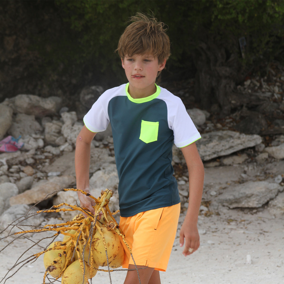 Boys Teal Short Sleeve Rash Vest - ملابس السباحة