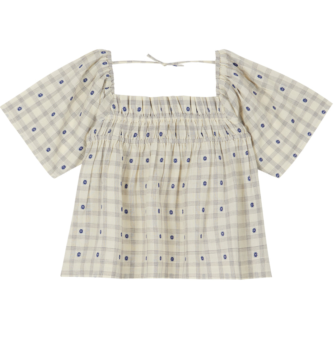 Blouse Gingham Fleurs Blue - قصيرة