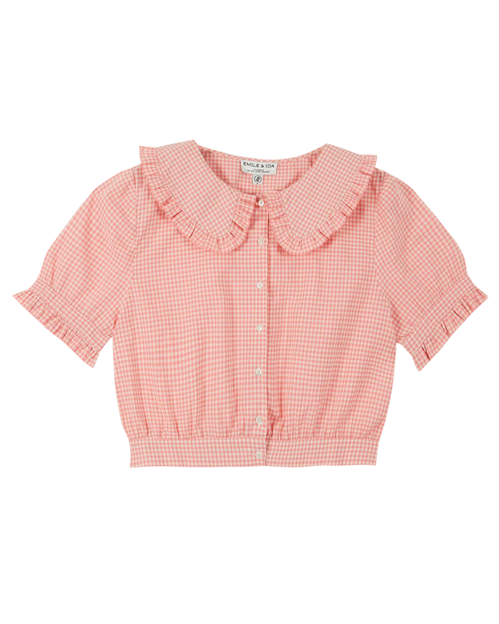 Women Blouse Gingham Pink - قصيرة