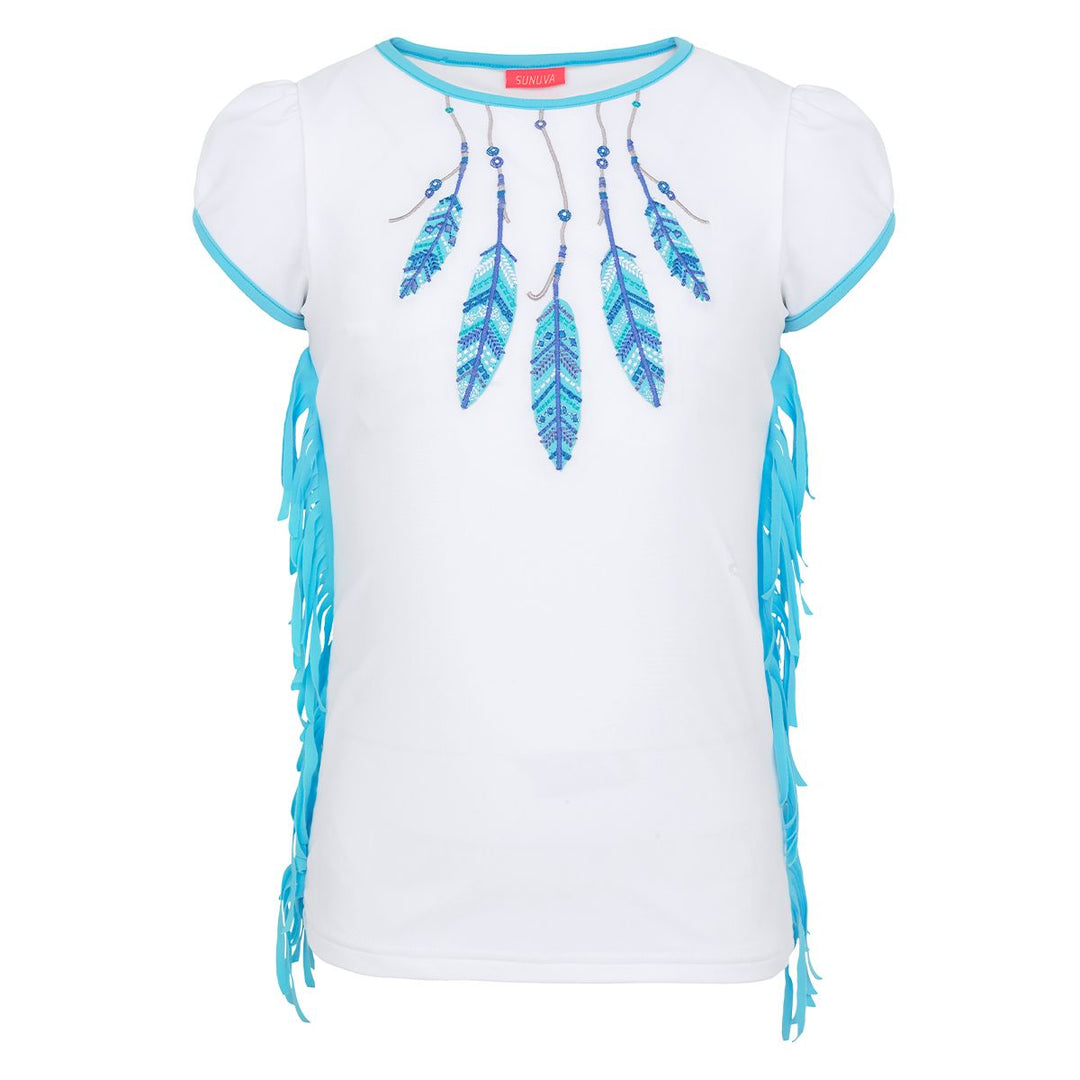 Girl White Feathers Fringed Rash Vest Short Sleeve -  ملابس السباحة