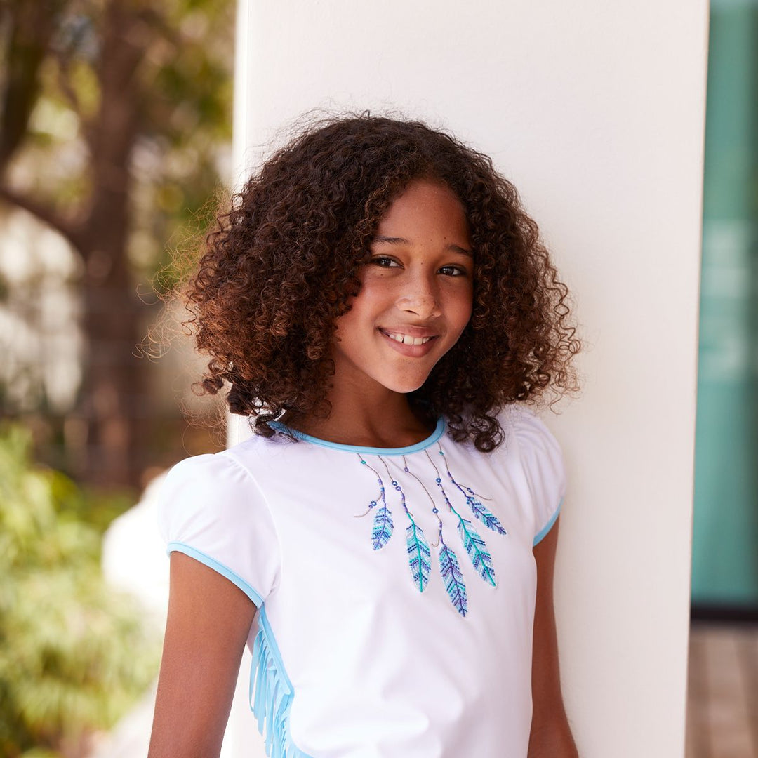 Girl White Feathers Fringed Rash Vest Short Sleeve -  ملابس السباحة