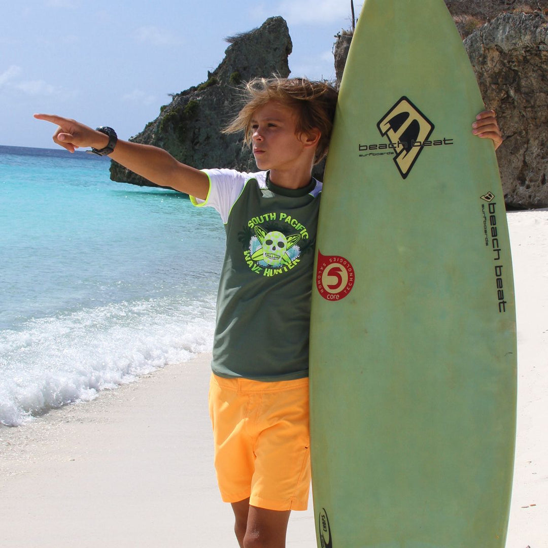 Boys Khaki Surf Skull Short Sleeve Rash Vest - ملابس السباحة