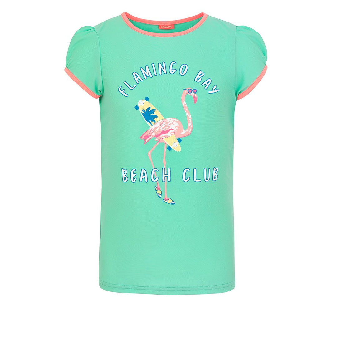 Girls Aqua Flamingo Bay Short Sleeve Rash Vest - ملابس السباحة