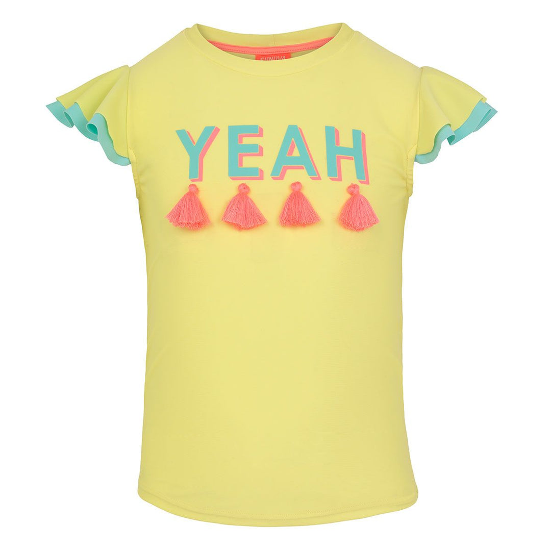 Girls Yellow "Yeah" Short Sleeve Rash Vest - ملابس السباحة